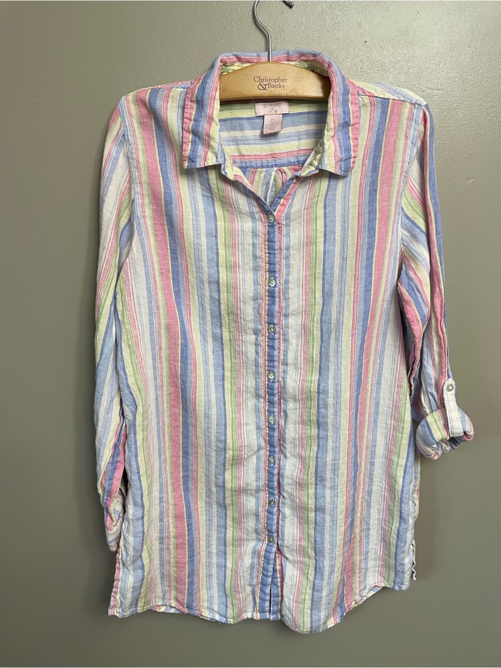 St Tropez West 100% Linen Stripe Button Down Top Large 80s Beach Vacation Indie